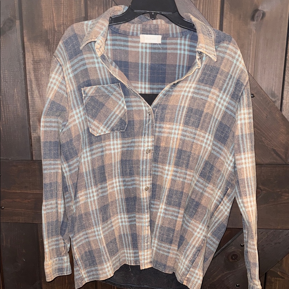 Altar'd State Blue and Brown Plaid Button Down Shirt